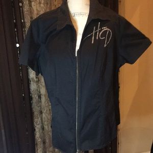 HARLEY DAVIDSON 2W BLACK SHORT SLEEVES ZIPPER FRONT SHIRT EUC 🍒❤️